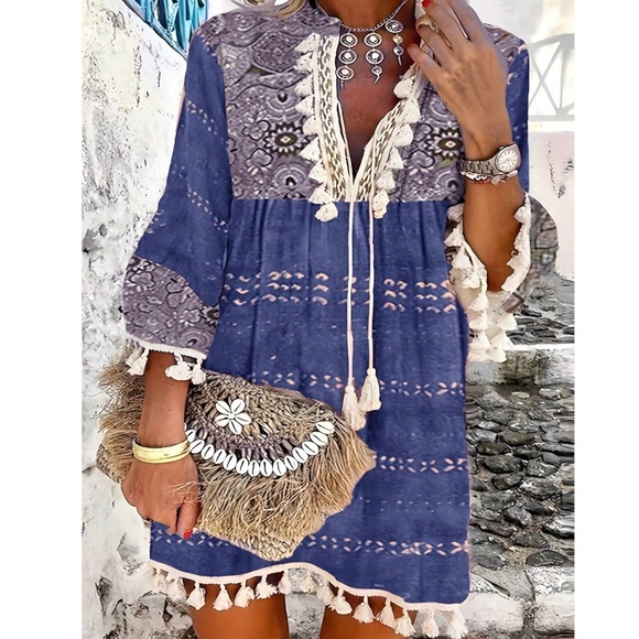 BellanBlue Dresses & Skirts - 06 Boho Notched Neck Tassel 3/4 sleeve Mini Dress